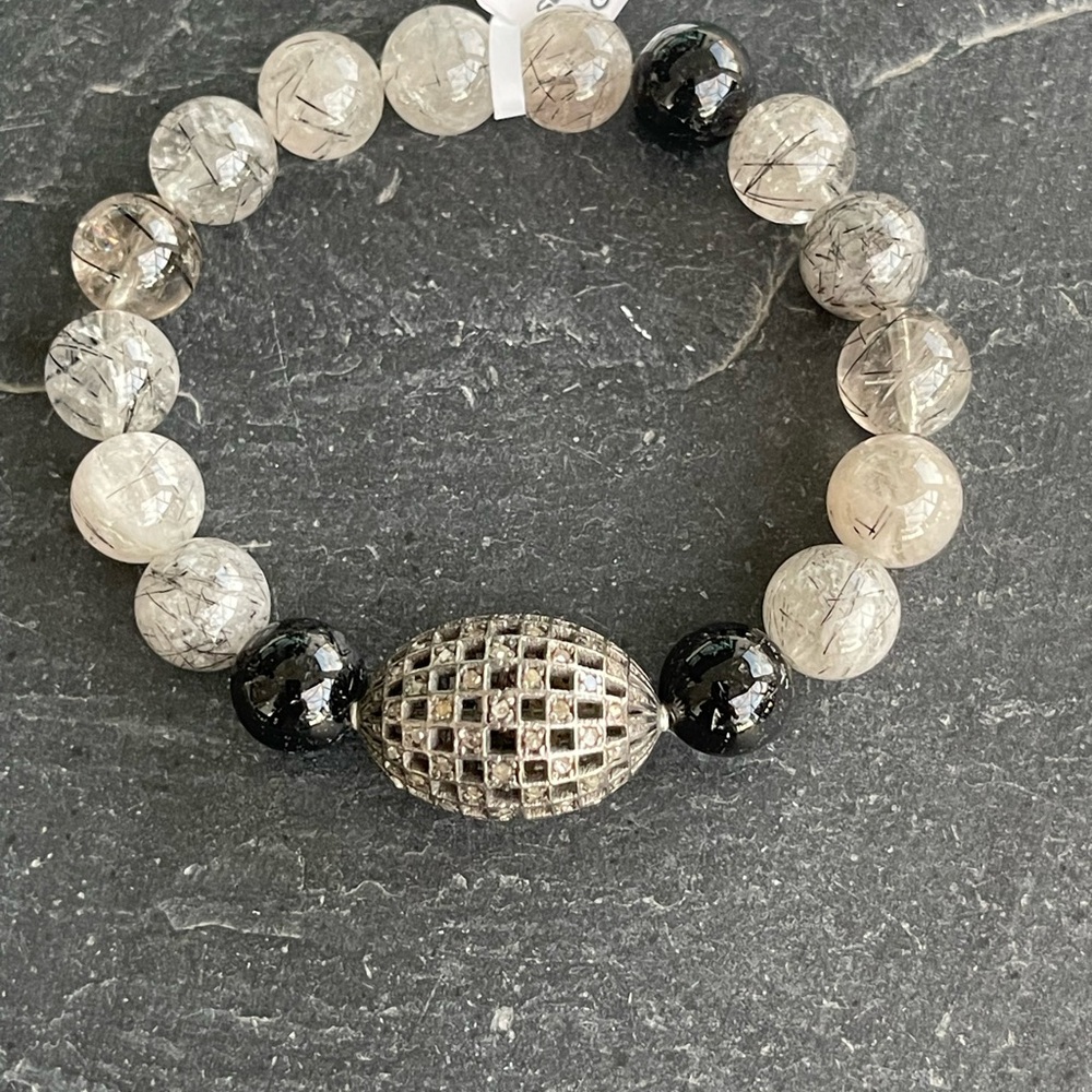Elegant Rutilated Quartz, Black Onyx & Diamond Beaded Bracelet 6.25”long